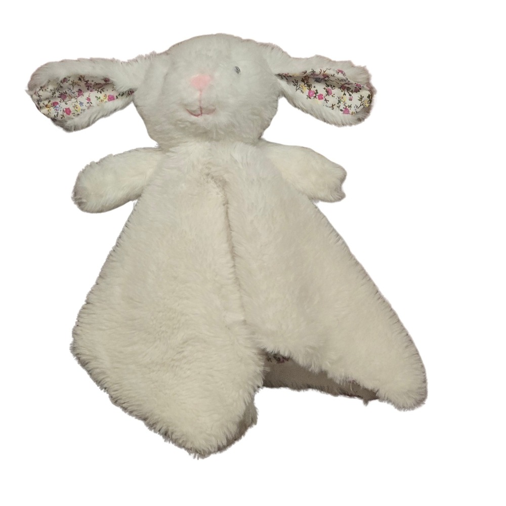 White Plush Bunny Lovey Security Blanket Floral Ears Rabbit Snuggler 13in